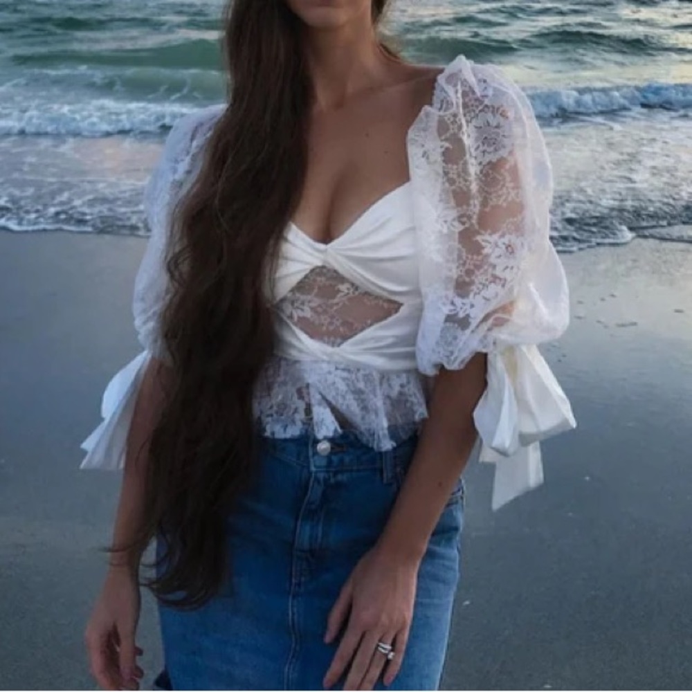 NWOT For Love & Lemons White Sonia Lace Puff Sleeve Top Medium - Picture 3 of 6